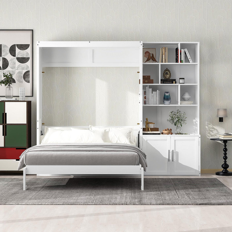 Lit escamotable double avec plusieurs tablettes de rangement et une armoire