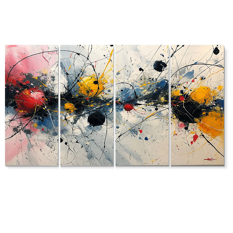 "Abstract Waves Splatter", art mural abstrait sur toile 4 pièces, H 32 po x l 64 po