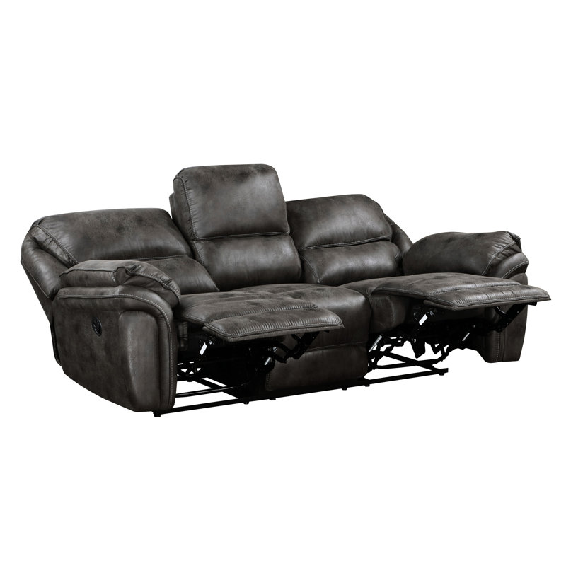 Ensemble de 3 fauteuils inclinables modernes, revêtement en microfibre grise, structure en bois massif et contreplaqué, mécanisme d'inclinaison à tirette, console de rangement centrale, fauteuil à bascule, supporte jusqu'à 136 kg par siège, rembourrage en mousse, bascule douce.