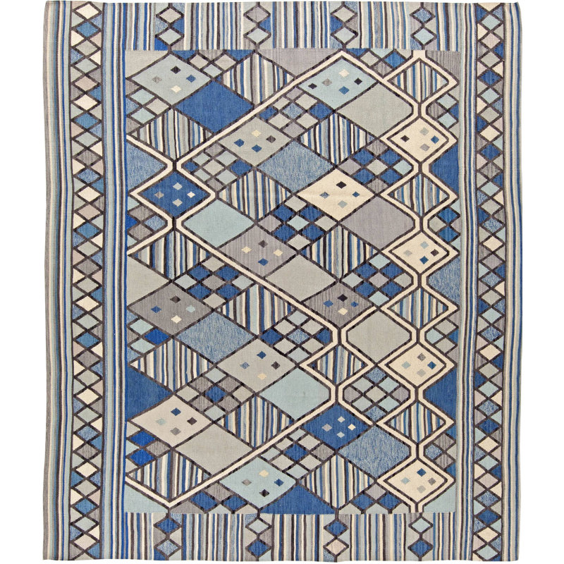 Tapis bleu / beige / gris d'inspiration suédoise 8 pi x 10 pi