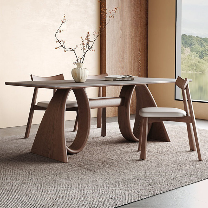 Brown Rectangular Sintered Stone + Solid wood Curved Dining Table Dining Table, 29.53"H x 70.87"L x 35.43"W