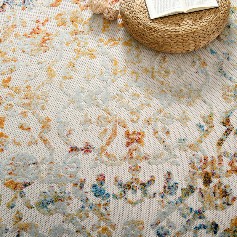 Reflect Primrose Distressed Vintage Ornate Floral Lattice 8x10 Indoor and Outdoor Area Rug in Ivory, Light Blue, Multicoloured