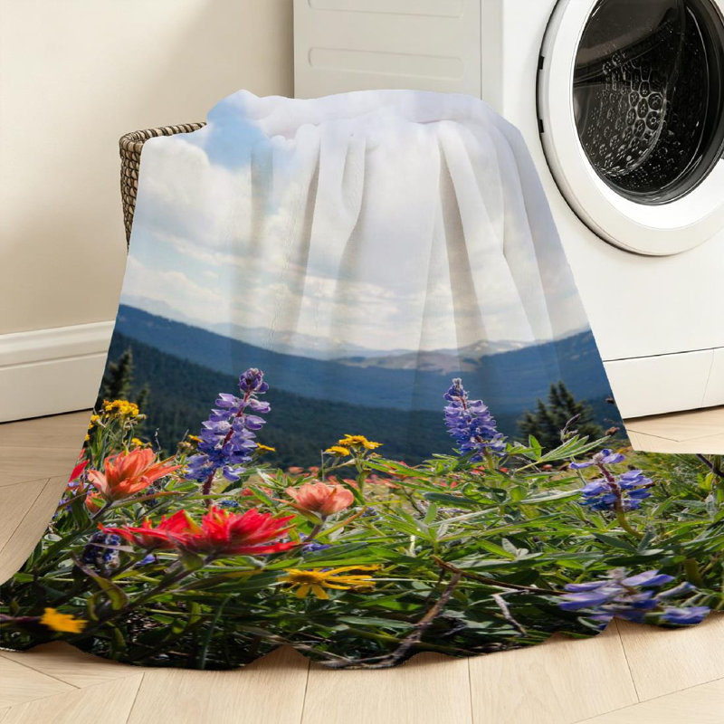 Jeté en molleton transparent ultra doux en flanelle, champ de fleurs sauvages avec imprimé recto, Throw 50" x 60"