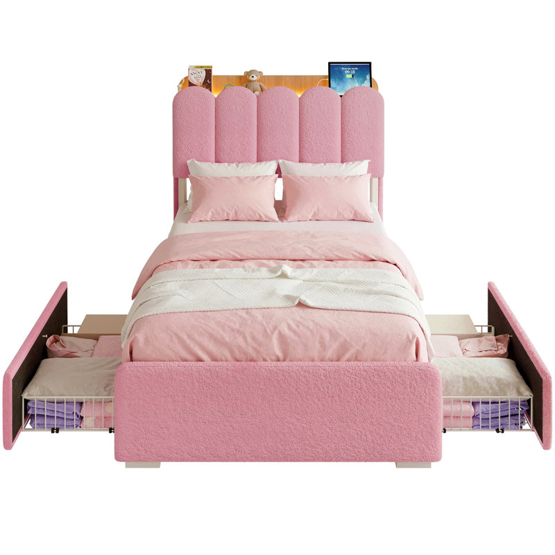 Structure de lit simple rose rembourrée avec tablettes de rangement, lumières DEL et prise pour chambre de fille
