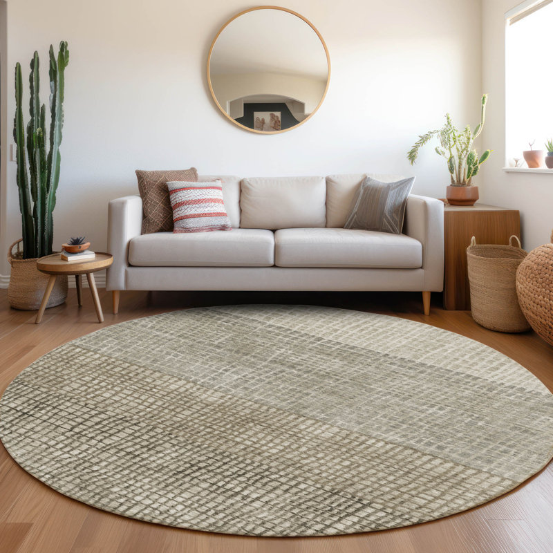 Tapis taupe Xhevrie intérieur / extérieur lavable à la machine, Rond 8 pi