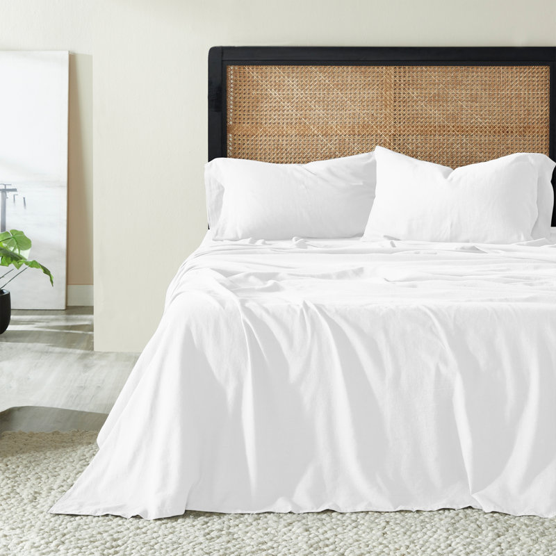 Orion Cotton Linen Blend Garment Washed Deep Pocket Bed Sheet Set, Cal.King Sheet 4pc Set, White