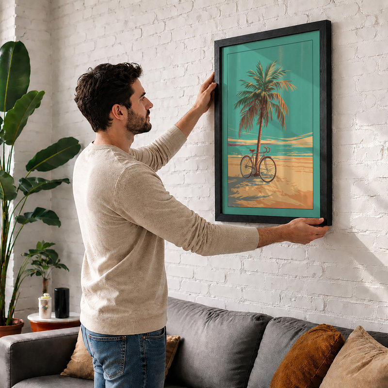 Bicycle And Palm Coastal - Print, Black, A4 - 29.7 x 21.0 cm