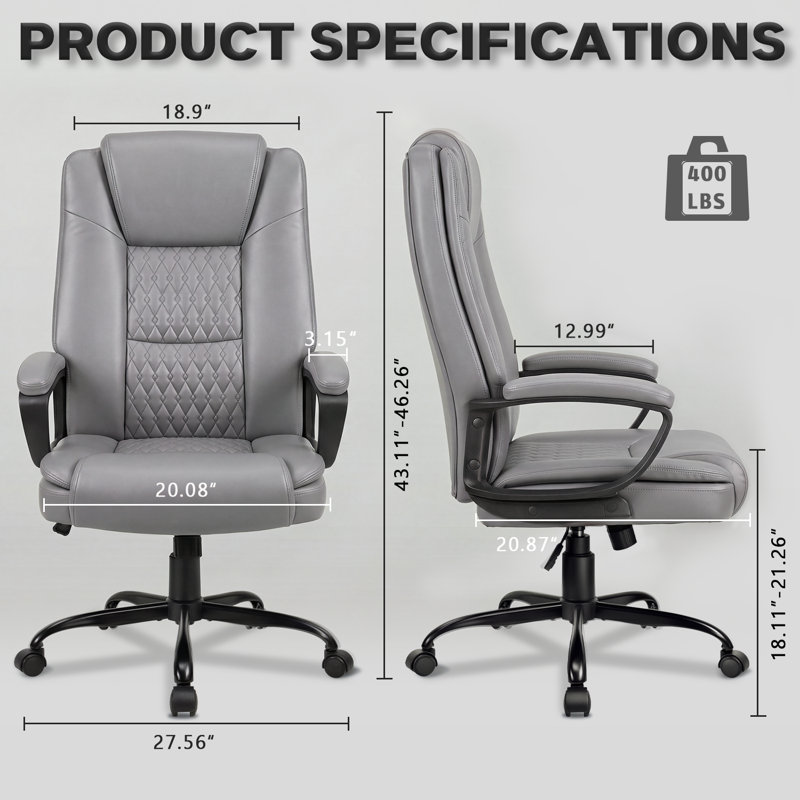 Chaise de bureau à domicile, conception robuste de 400 lb et de grande taille, dossier lombaire ergonomique à haut dossier