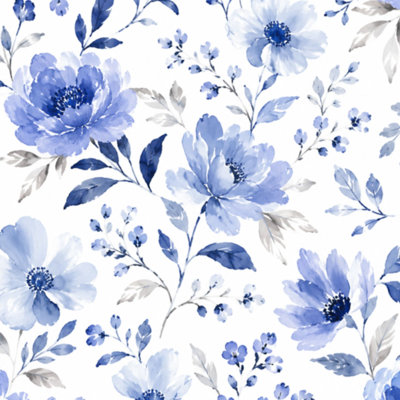 Papier peint auto-adhésif à motif de fleurs bleues transparentes à motif d'aquarelle