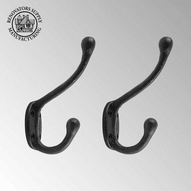 Black Wrought Iron Double Coat Hooks, Set of 2