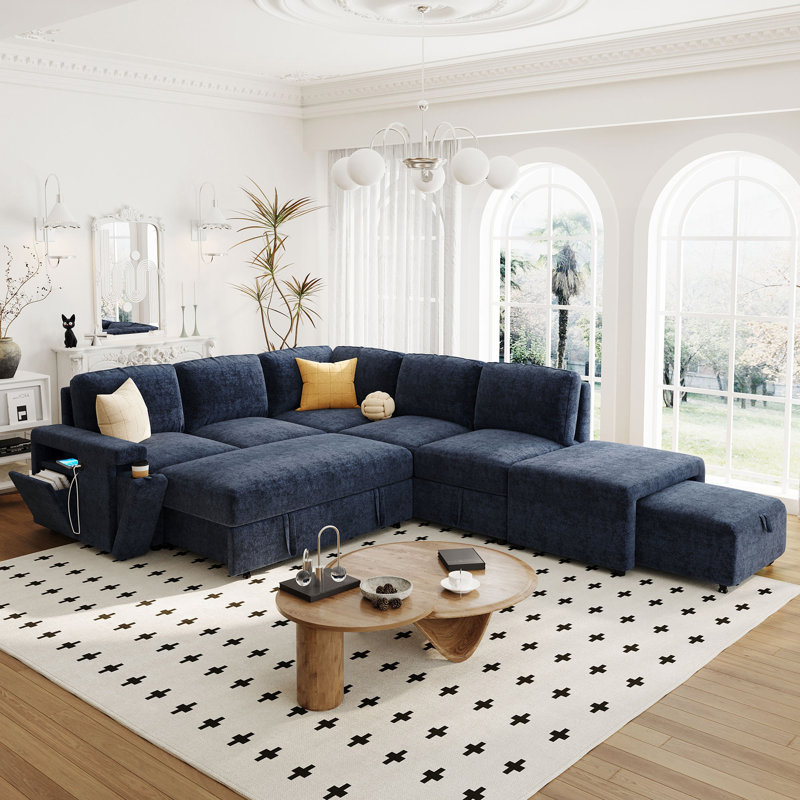 Canapé modulaire rembourré en L avec espace de rangement, Polyester bleu