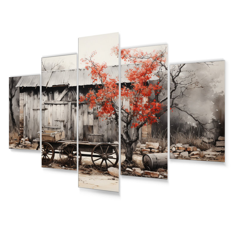 Rustic Barn Scene Metal Wall Art Set in Gray and Red