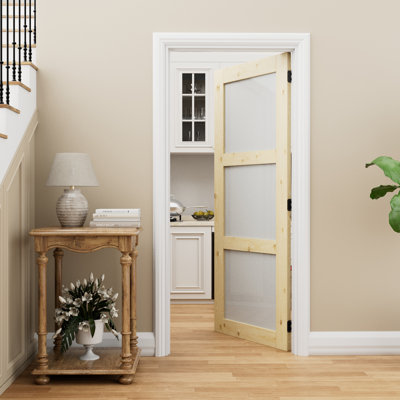 Porte intérieure à 3 carreaux en pin massif et verre dépoli, style colonial naturel, prémontée, verre trempé SGCC, avec ensemble de chambranle, joint d'étanchéité, charnières noires et ouverture vers l'intérieur à droite, porte non finie et à peindre, pour garde-manger, chambre, salle de bain et placard, 81 cm x 203 cm