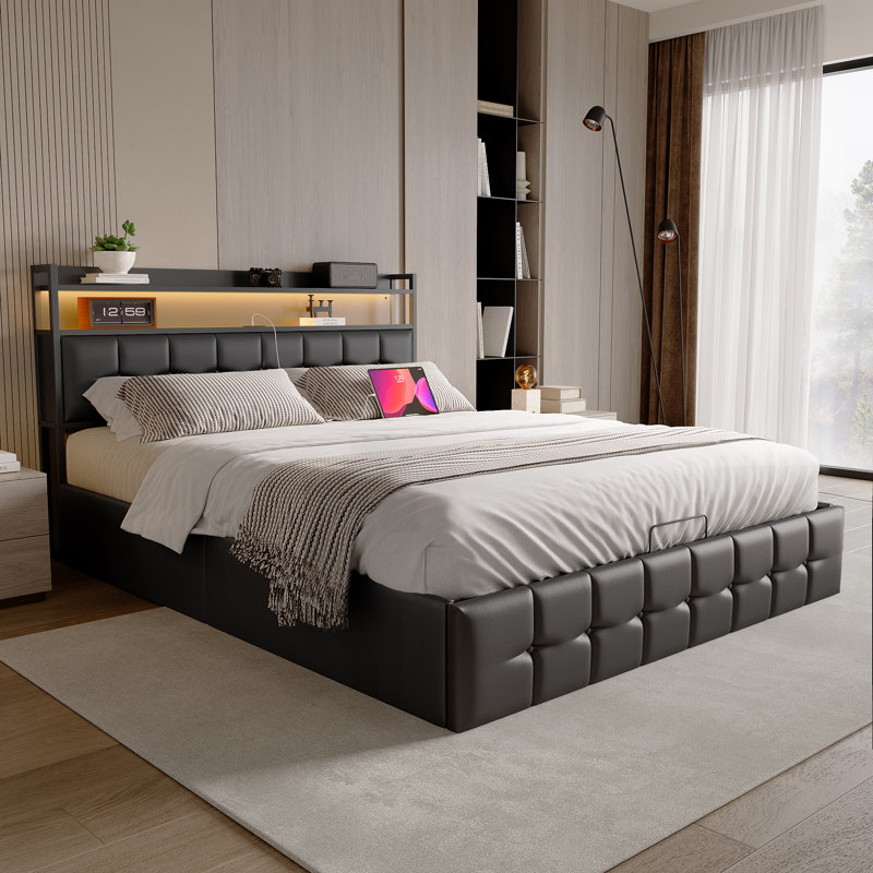 Upholstered Bed with LED Strip, 140*200cm, Black