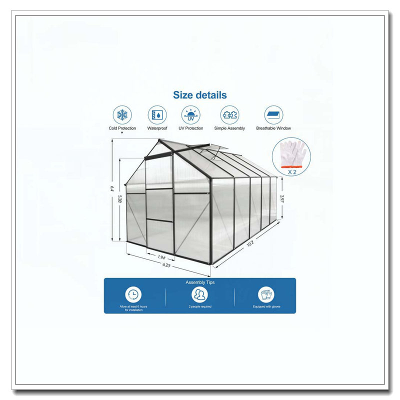 Serre en polycarbonate surélevée de 6 x 10 pi et serres en aluminium robustes pour une cour extérieure en toute saison, Vert