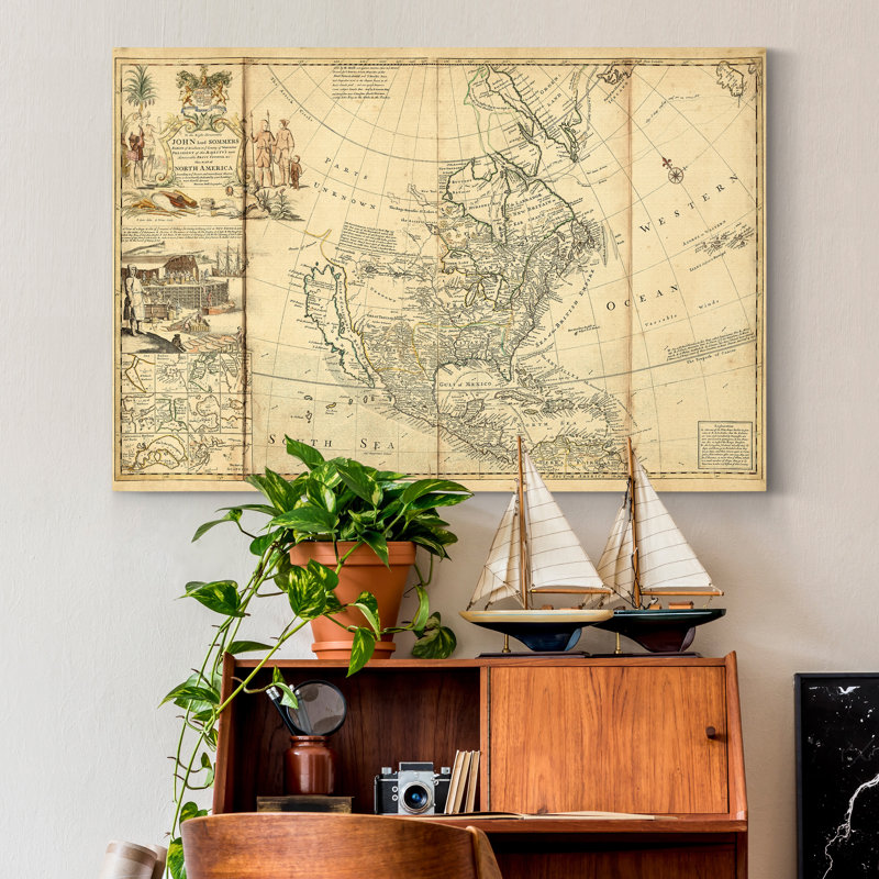 Carte antique de l'Amérique I - impression sur toile tendue, H 12 po x l 8 po x P 1 po