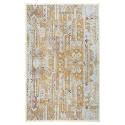 GLN Rugs Traditional Collection - Machine Washable Area Rug, Traditional Vintage Washable Rug, Non Slip Area Rug, Low Pile Chenille Living Room Rug, Bedroom Rug, Bathroom Rug (Yellow Rug)