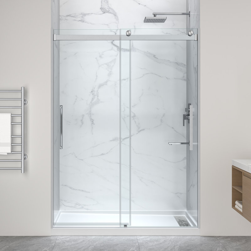 Stellar Series 76 po X 57-60 po. Porte de douche coulissante sans cadre en nickel brossé avec base de douche en alcôve à drain à droite