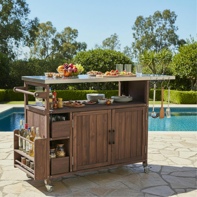 54.33" Farmhouse Rolling Outdoor Kitchen Cart, Solid Wood Frame with Stainless Steel Top, Spice Rack, Towel Rack, Lockable Wheels & Multi-Functional Storage for Patio, Backyard BBQ & Kitchen