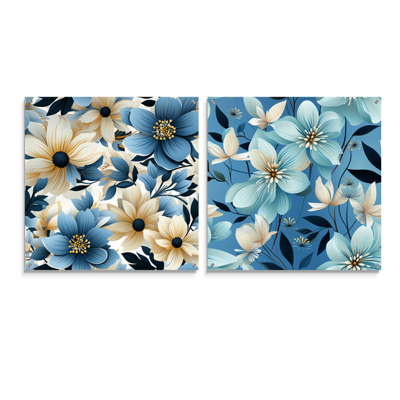 «Blue Coastal Harmony», ensemble de 2 fleurs murales en acrylique, H 30 po x l 61 po