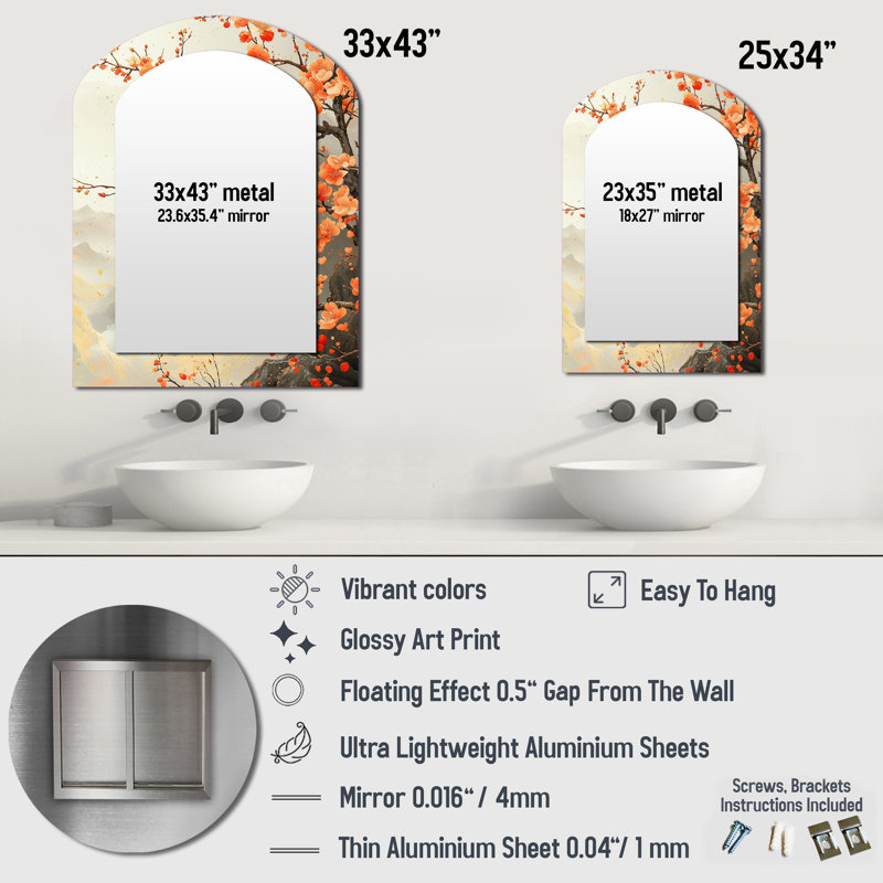 Décoration de miroir orange en forme de branche d'orange sur une rivière chinoise, 34 po x 25 po