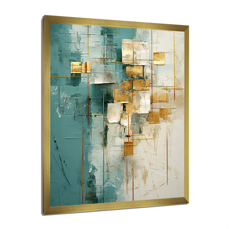 «California Sunshine Retro Abstract Gold Teal», reproduction d'art sur toile, H 32 po x l 24 po x P 1 po, Cadre doré simple