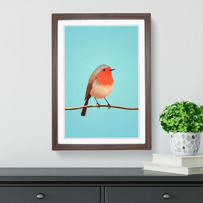 Robin Bird Minimalism No.2 - Single Picture Frame Print on Wood, 34cm H x 25cm W x 2cm D, Walnut