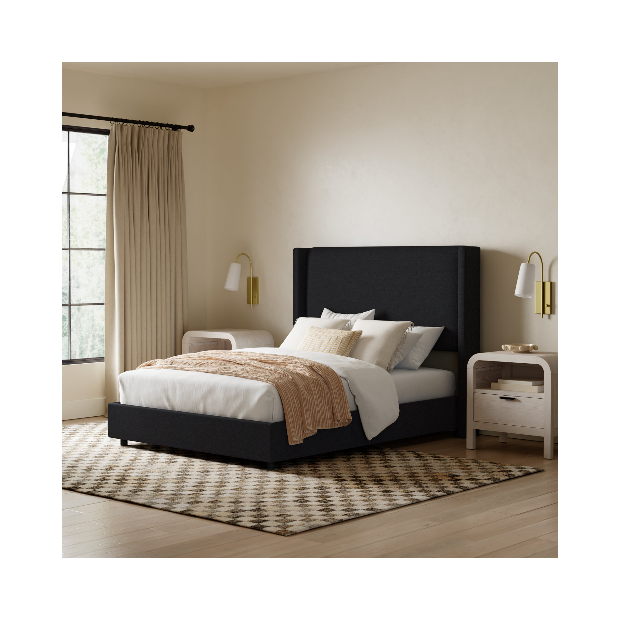 Hanson Upholstered Wingback Bed, Queen, Classic Black Linen