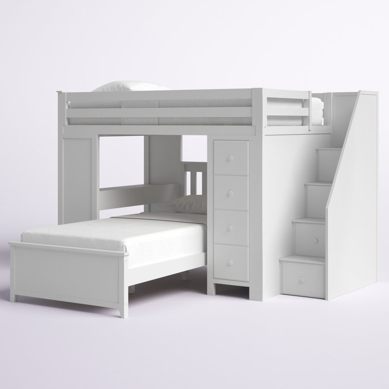 Tawanda Full Over Twin 10 Drawer Solid Wood L-Shaped Bunk Beds with Built-in-Desk by Viv + Rae™, White