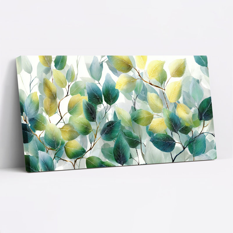 Ensemble de 1 tableau sur toile tendue, motif de feuilles, style aquarelle, H 24 po x l 48 po