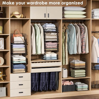 Organiseurs de placard empilables et paniers de rangement, étagère de placard à 4 niveaux, tiroir de rangement pour vêtements gain de place, bacs de rangement pliables pour système d'organisation de placard, noir