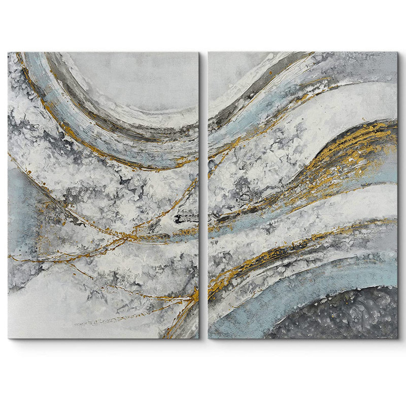 «Grunge Abstract Paint Stroke Effect Vibrant Pastel Blue Watercolor Wave Landscape», reproduction d'art sur toile 2 pièces