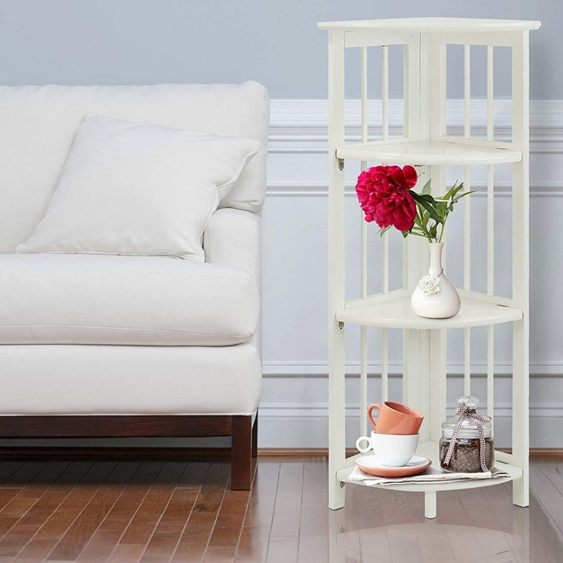 Bibliothèque de coin pliante à 4 tablettes en blanc - étagère de rangement et de présentation polyvalente pour la chambre à coucher, le salon ou le bureau