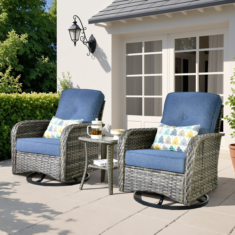Chaises d'extérieur en osier pour 2 personnes avec table d'appoint Allcot pour 2 personnes, Denim