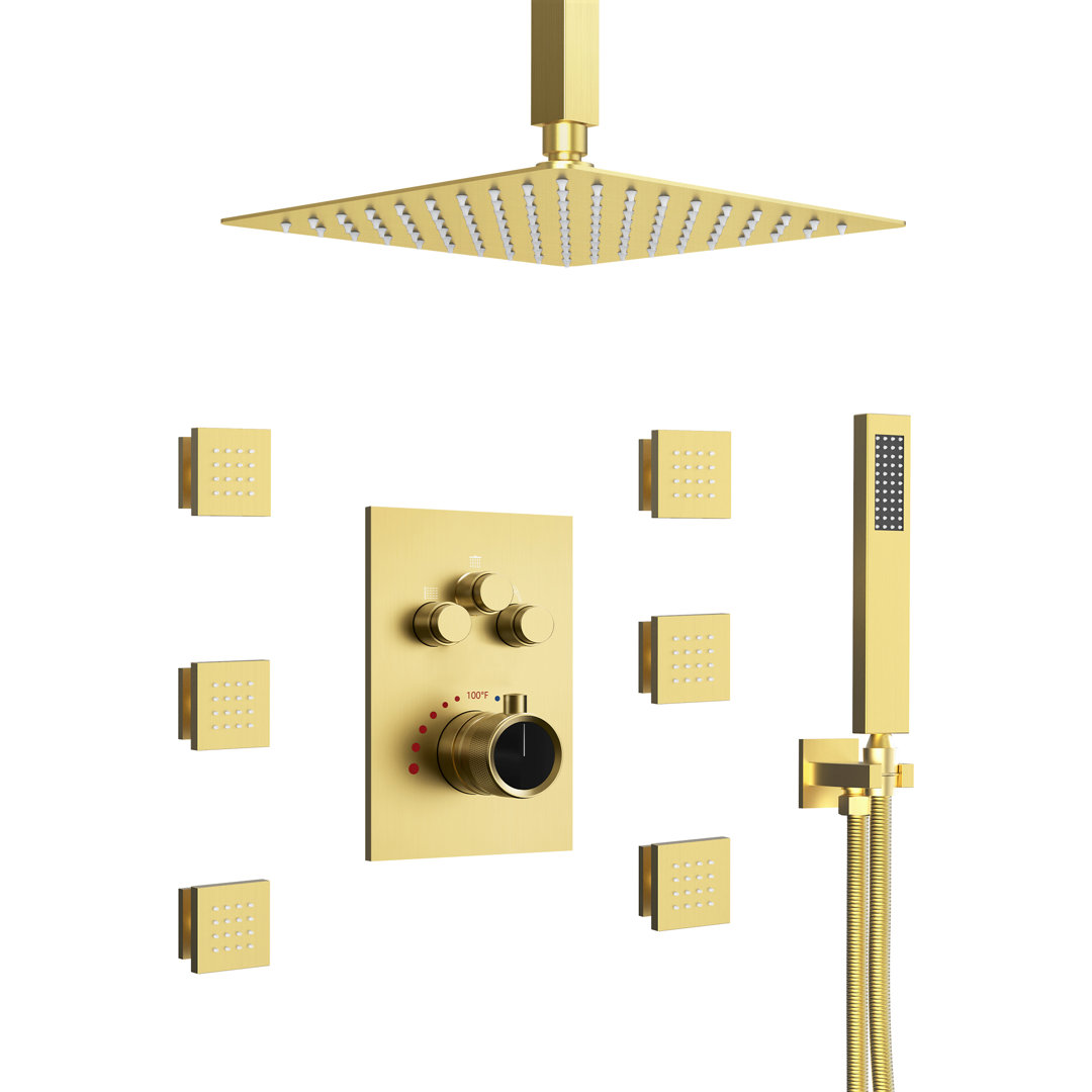 RelaxaJet 12" High-Pressure Rainfall Shower Faucet, Thermostatic Shower System with with Rough-in Valve, Handheld Spray EVERSTEIN 