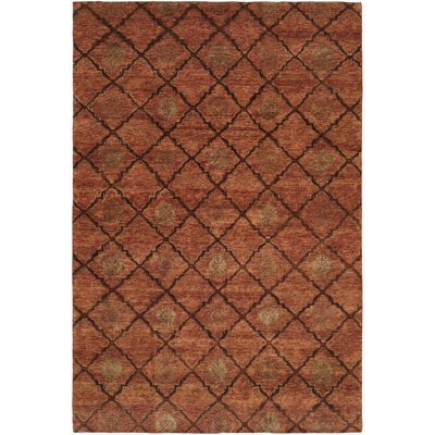 Wool Geometric Area Rug in Rust