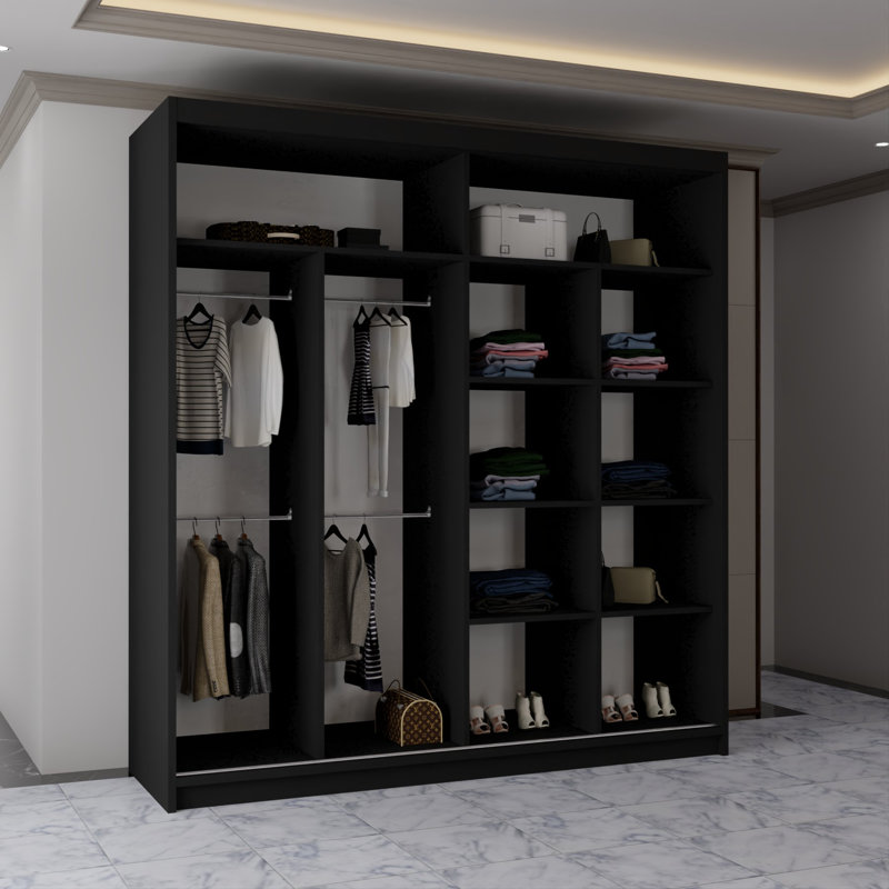 Modern 2 Door Sliding Mirror Wardrobe – Stylish Bedroom Storage in 2 Sizes and 3 Colours, 217cm H x 203cm W x 62cm D, Black