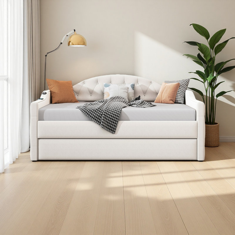 Twin Size Tufted Upholstered Daybed With Trundle, Beige