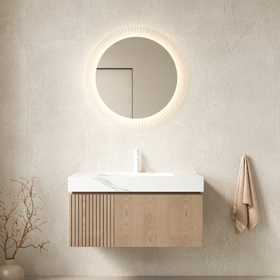 36" Bathroom Vanity&Sink, Floating Plywood Storage Cabinet with Drawer&Door, Carrara White Sintered Stone Top&Ceramic Basin with 1 Pre-drilled Faucet Hole, Pre-assembled, Heidelberg Woodgrain