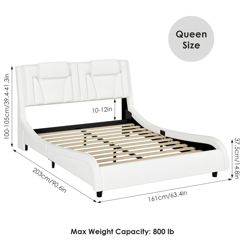 Belarmina PU Upholstered Low Profile Platform Bed with LED Light, White, Queen