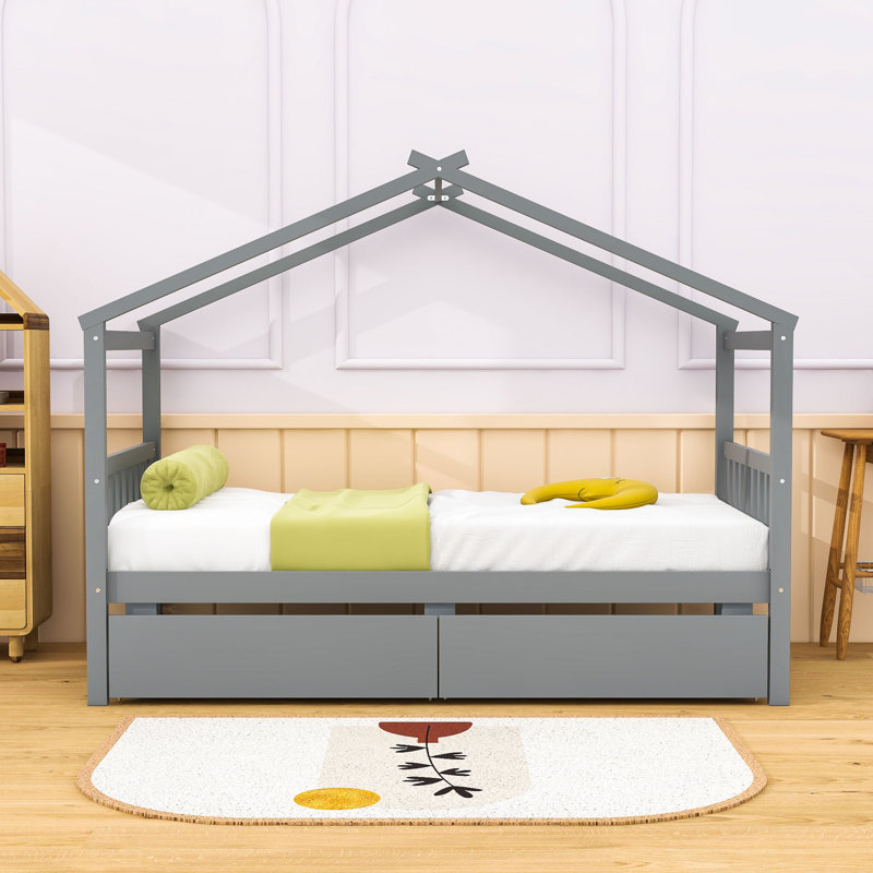 Lit simple avec tiroirs, gris