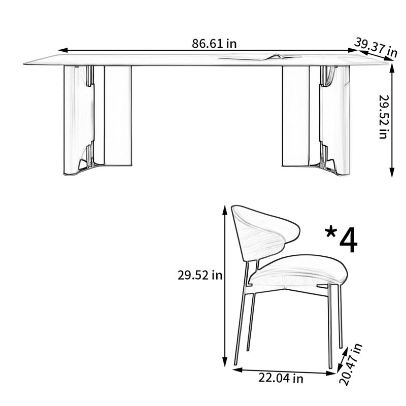 Ensemble de table rectangulaire moderne avec chaises, H 29,52 po x L 86,61 po x l 39,37 po