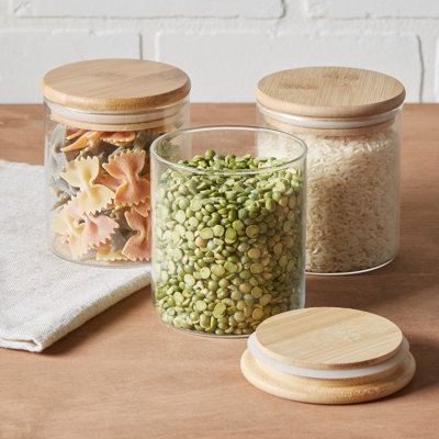 Contenants en verre pour la cuisine avec couvercles en bambou | Ensemble 3 pièces 4 x 3 x 3 po | Contenants de préparation de repas hermétiques | Rangement de cuisine écologique