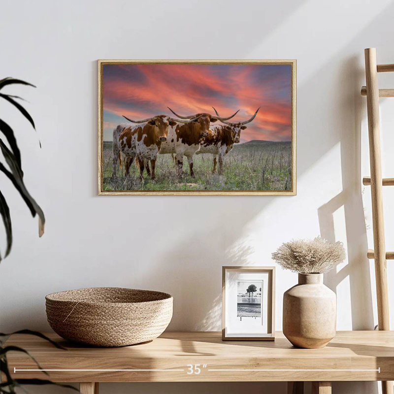 Trois Longhorns du Texas, 19 po x 13 po, Cadre flottant en bois naturel