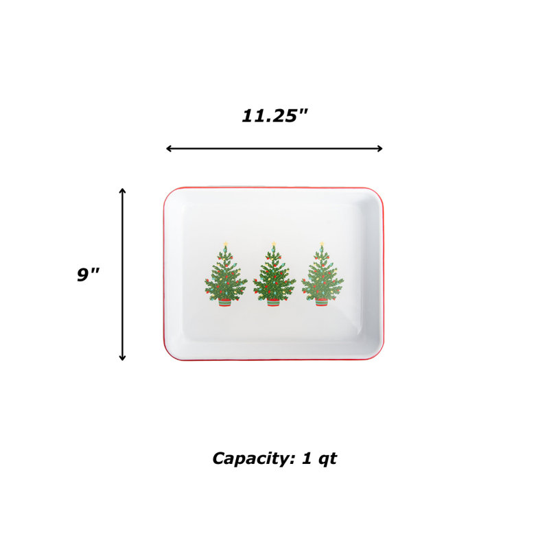 Crow Canyon Enamelware Helmsie x CCH Christmas Trees Small Rectangular Tray, Red Rim