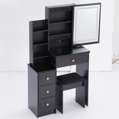 Petite coiffeuse 29,2 po avec tabouret de chevet gauche + grand tabouret rembourré, commande tactile, interrupteur tricolore, miroir à luminosité réglable, rangement grande capacité, convient aux petits espaces