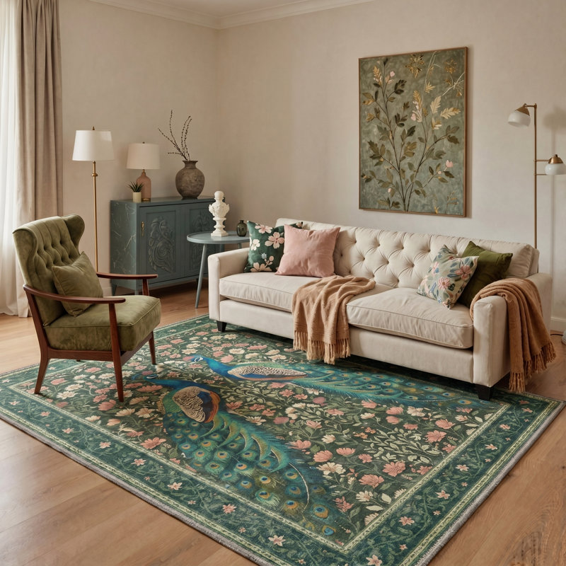 Peafowl Collection Vintage Machine Green Indoor Area Rug with Non-Slip Backing, Rectangle 9' x 12'