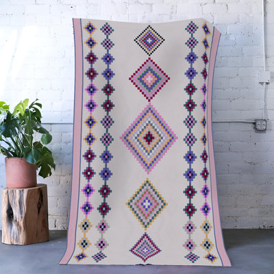 Pink-Themed Multi-Coloured Traditional Motif Patterned Decorative Rug