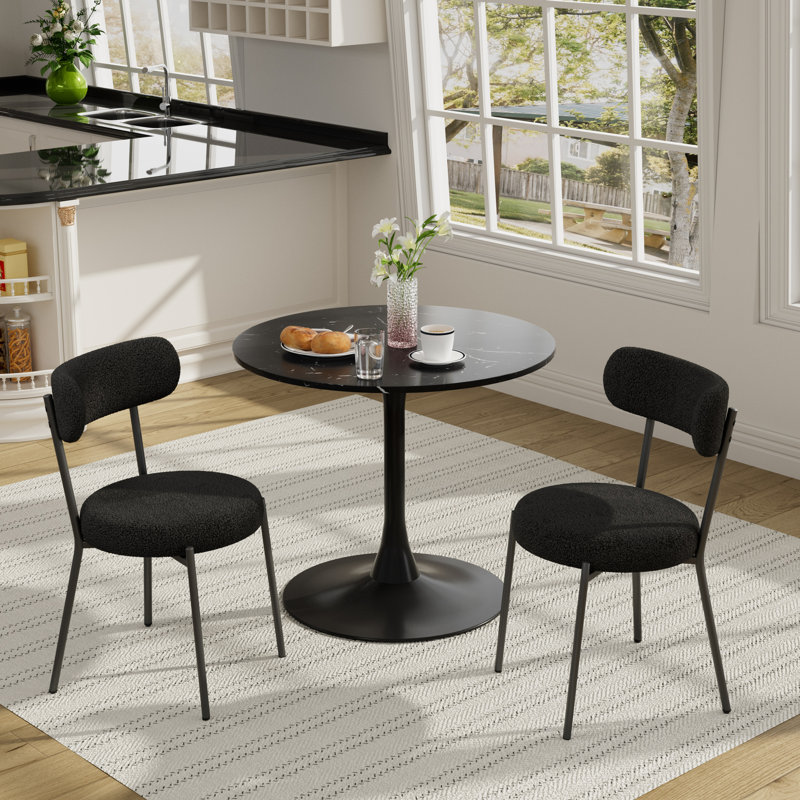 3 Piece Dining Room Round Table and Teddy Chairs Set, Black, Black