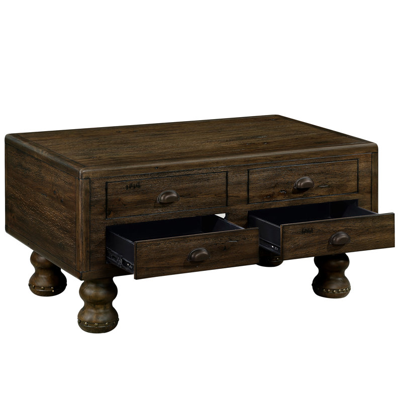 Table de 40 po pour le salon - bois massif avec 4 tiroirs, design antique, pieds à rivets, pièce facile à assembler en bois de café de 40 po, finition, assemblage, teinte